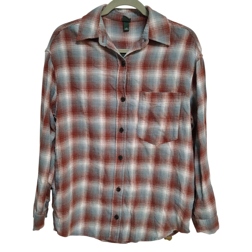 Wild Fable Flannel Shirt XS Oversized Brown Blue Plaid Long Sleeve Button Up